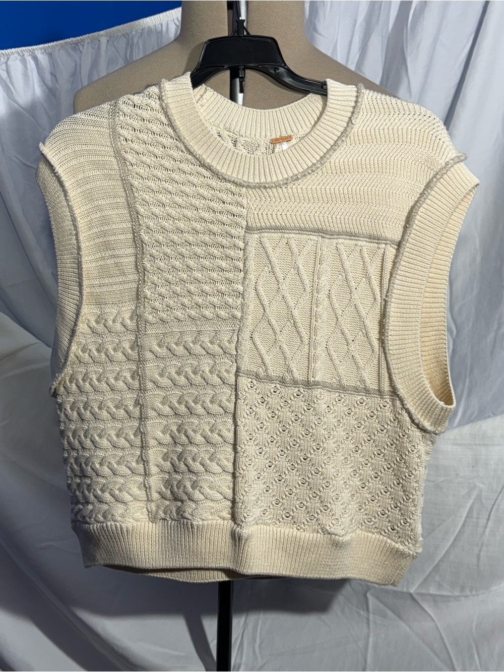 Free People Take The Plunge Cottagecore Cable Knit Patchwork Vest Cream M